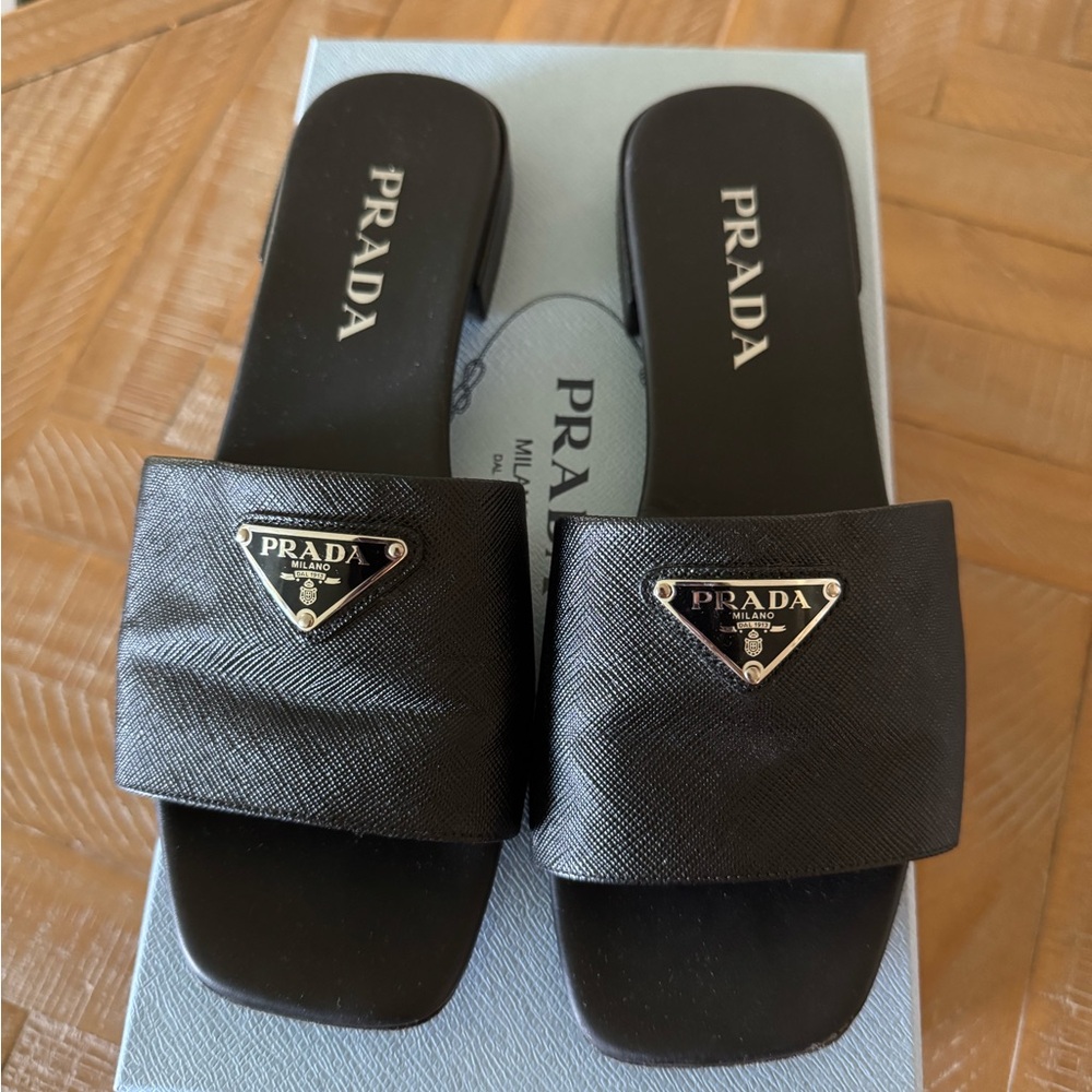 Prada Black Logo Triangle Slide Sandals